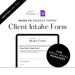Op de afbeelding: Een screenshot van een Google Formulier met de titel "Nieuw Klant Intake Formulier" met de tekst "VOOR SOCIAL MEDIA MANAGERS" in een zwarte cirkel. Het formulier is ontworpen voor social media managers om informatie van nieuwe klanten te verzamelen.