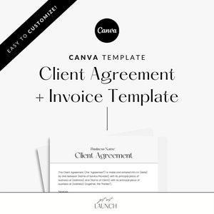 Może przedstawiać: Szablon Canva do umowy z klientem i faktury. Szablon zawiera czarno-biały projekt z tekstem "Client Agreement + Invoice Template" w pogrubionym, bezszeryfowym kroju pisma.