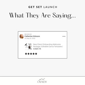 Puede incluir: Una rese&ntilde;a de cinco estrellas para un Paquete de Bienvenida de Integraci&oacute;n de Nuevos Clientes, una plantilla de Canva editable, con un precio de CA$31,76. La rese&ntilde;a es de Catherine Johnson del 23 de septiembre de 2022.