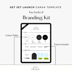 Puede incluir: Una plantilla de kit de marca Canva con el texto "get out LAUNCH" en blanco y negro. La plantilla incluye una paleta de colores con cuatro colores, una selecci&oacute;n de fuentes y una secci&oacute;n para elementos e iconos. La plantilla tambi&eacute;n incluye un logotipo con una monta&ntilde;a en blanco y negro y un paisaje verde y azul.