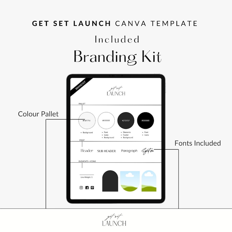 Puede incluir: Una plantilla de kit de marca Canva con el texto "get out LAUNCH" en blanco y negro. La plantilla incluye una paleta de colores con cuatro colores, una selecci&oacute;n de fuentes y una secci&oacute;n para elementos e iconos. La plantilla tambi&eacute;n incluye un logotipo con una monta&ntilde;a en blanco y negro y un paisaje verde y azul.
