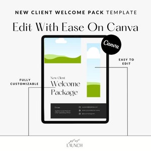 Puede incluir: Una plantilla digital para un paquete de bienvenida para nuevos clientes. La plantilla est&aacute; dise&ntilde;ada para ser f&aacute;cilmente editada en Canva. La plantilla presenta un esquema de color verde y azul e incluye un mensaje de bienvenida, informaci&oacute;n de contacto y un logotipo de la empresa. El texto en la plantilla dice "Nuevo cliente Paquete de bienvenida".