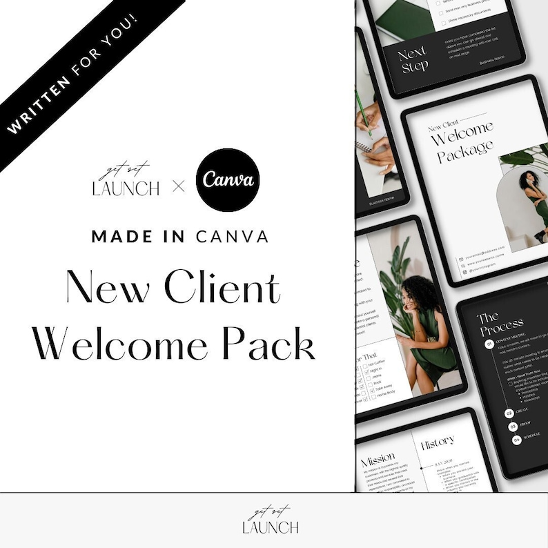 Puede incluir: Una plantilla de dise&ntilde;o gr&aacute;fico en blanco y negro para un paquete de bienvenida para un nuevo cliente. La plantilla incluye secciones para "Siguiente paso", "Paquete de bienvenida para un nuevo cliente", "El proceso", "Misi&oacute;n" e "Historia".