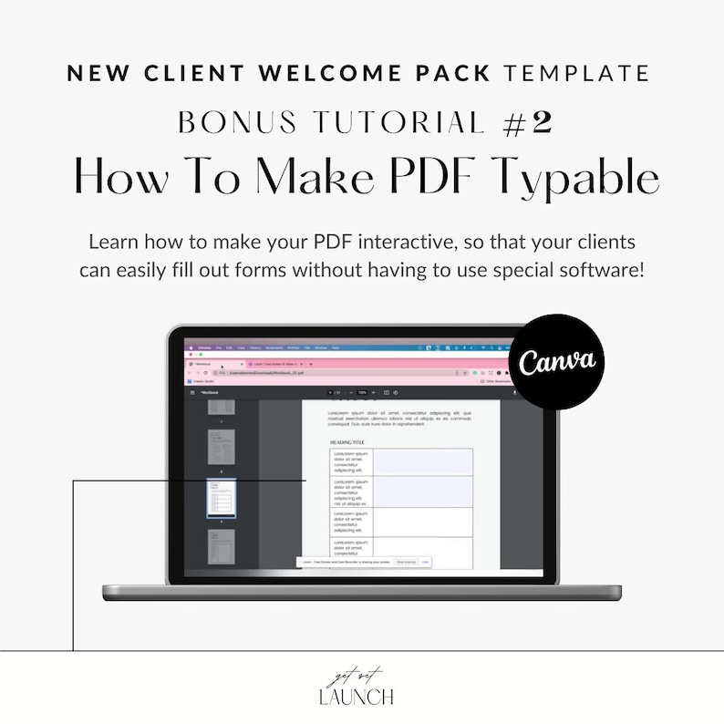 Puede incluir: Una pantalla de computadora port&aacute;til que muestra un dise&ntilde;o de Canva con el texto "Heading Title" y un formulario con campos de texto. El texto "How To Make PDF Typable" se muestra encima de la computadora port&aacute;til. El texto "New Client Welcome Pack Template" y "Bonus Tutorial #2" se muestran encima del texto "How To Make PDF Typable". El texto "get out LAUNCH" se muestra debajo de la computadora port&aacute;til.