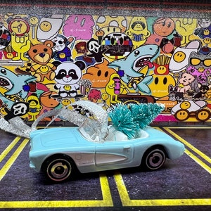 Custom Made Hot Wheels Ornaments - Blue Barbie 56’ Corvette with Mini Tree