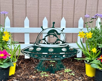 UFO Abduction Garden Gnome – Plasma Cut Metal Yard Art Sign
