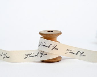 Thank You Print Ribbon, 5/8” (15 mm), Natural Cotton, Gift Wrapping, Customer Appreciation, Eco-Friendly Packaging in Boutique Stores