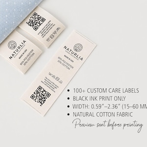 May include: Off-white fabric labels with black text and a logo, reading "NATURLIA" and "MADE IN USA." The labels are made of 80% polyester and 20% cotton. Additional text includes "100+ CUSTOM CARE LABELS" and "Preview sent before printing."