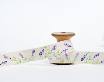 Lavender Print Ribbon, 5/8” (15 mm) 100% Cotton Wrapping Tape for Natural Gifts, Wedding Favors, Unbleached Flower Ribbon for Your Products