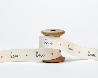 Love & Heart Print Ribbon, 5/8” (15 mm), Wedding, Engagement, Valentine's Day, 100% Cotton Tape, Romantic Gift Wrap, Love-Themed Crafts