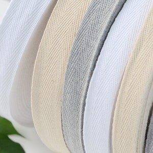 Herringbone Ribbon, Soft Cotton Twill Tape By The Yard, White, Grey, Ivory Natural Woven Cotton Webbing for Labels, Blank Wrapping Ribbon