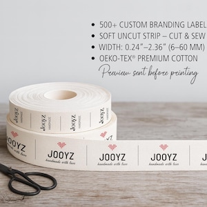 500+ Custom Sewing Labels – Logo or Name Tags on Organic Cotton Strip for Handmade Clothing, Small Business, Home Textile & Branding
