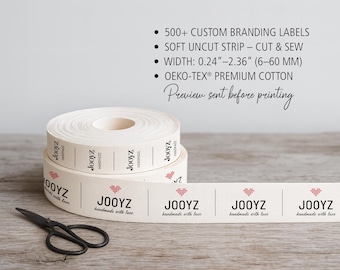 500+ Custom Sewing Labels – Logo or Name Tags on Organic Cotton Strip for Handmade Clothing, Small Business, Home Textile & Branding