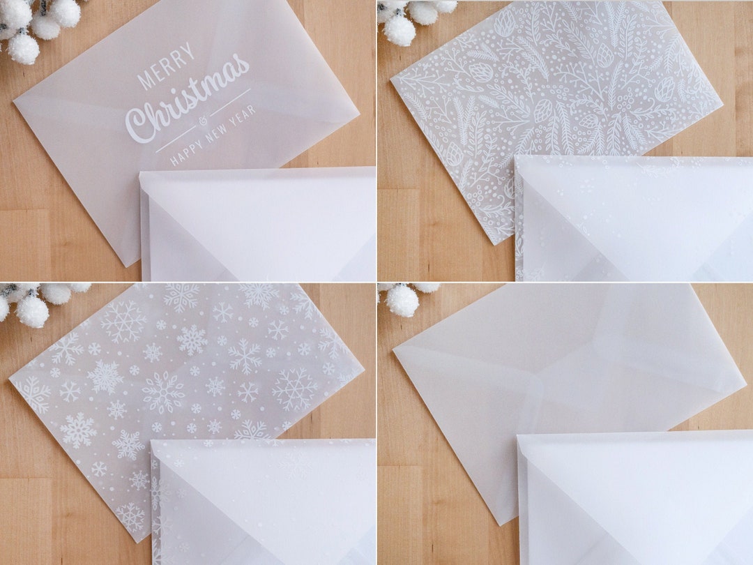 Vellum Envelopes White Snowflakes Christmas Leaves Printed 