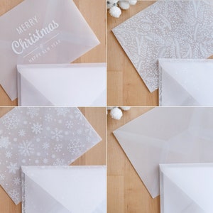 Buste in pergamena, fiocchi di neve bianchi, foglie di Natale, buste stampate 5x7 per auguri, biglietti d'auguri aziendali, cartoline e inviti
