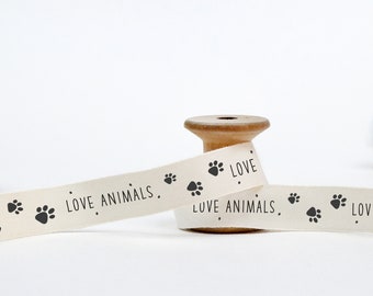 Love Animals Paw Print Ribbon, 5/8” (15 mm) 100% Cotton Wrapping Tape for Natural Pet Gifts, Handmade Sew-In Cat & Dog Textile Products