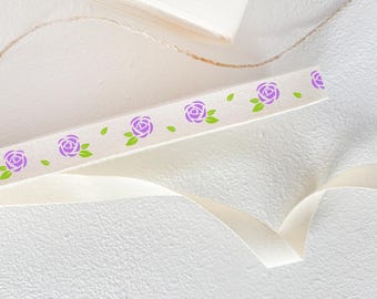 Lilac Rose Printed Cotton Ribbon - 3/8" (10 mm), 10 yards (9 m) Floral Twill Tape for Spring Weddings, Gift Wrapping & Crafting