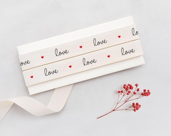 Love & Hearts Cotton Ribbon - 5/8” (15 mm), 10 yards (9 m) Romantic Gift Wrap Tape, Valentine’s Day, Wedding Favors, Anniversary Gifts