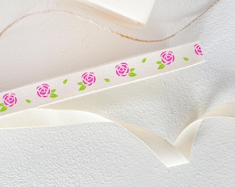 Pink Rose Cotton Ribbon - 3/8" (10 mm), 10 yards (9 m) Floral Woven Tape for Romantic & Garden-Themed Crafts