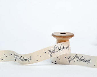 Eid Mubarak Printed Cotton Ribbon, 5/8” (15 mm) 100% Natural Cotton Tape for Ramadan / Eid Gifts and Favors, Wrapping Ribbon