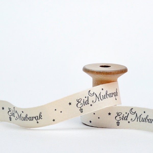 Eid Mubarak Printed Cotton Ribbon, 5/8” (15 mm) 100% Natural Cotton Tape for Ramadan / Eid Gifts and Favors, Wrapping Ribbon