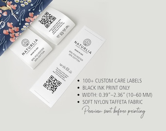 Custom Care Labels – 100+ Sew-in Clothing Tags with Logo, Brand Name & Laundry Instructions | Washable Nylon Taffeta, Black Ink Only