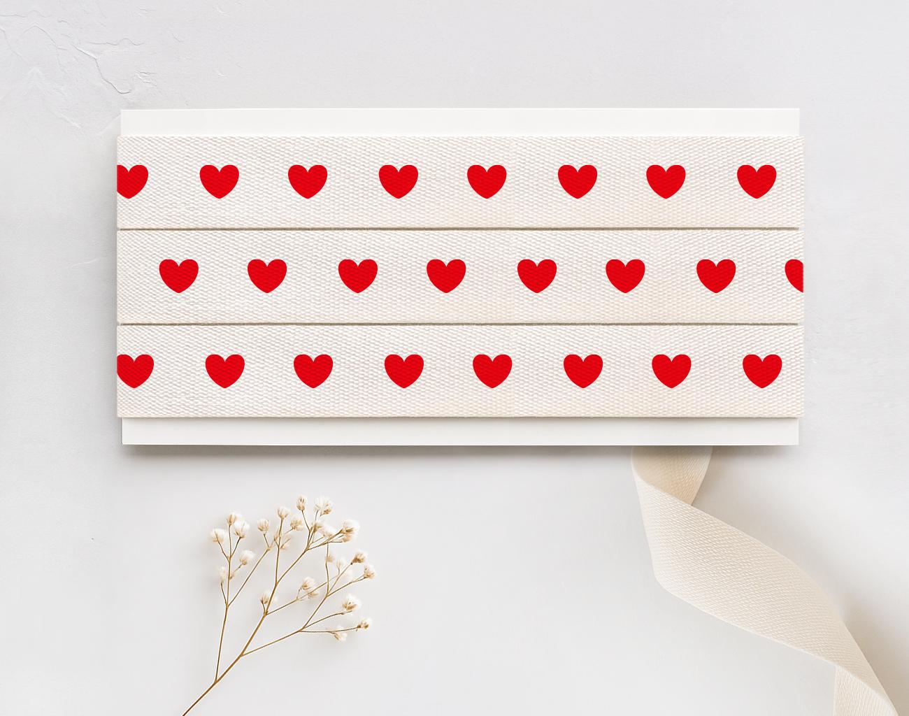 Red Heart Ribbon - 5/8” (15 mm), 10 yards (9 m) Cotton Tape for Valentine’s Day, Romantic Gifts, Wedding Decor, Love Packaging, Crafts