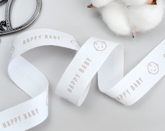 Happy Baby Ribbon, 3/4″ (20 mm) White 100% Natural Cotton Ribbon, Baby Party Gifts and Favors, Custom Baby Blanket, Clothing Wrapping Ribbon