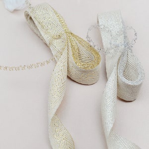Glitter Cotton Twill Ribbon, Silver / Gold Ivory Natural Herringbone ...