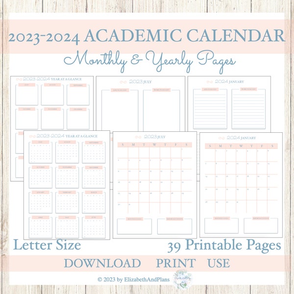 2023-2024 Academic Calendar // Monthly & Yearly Pages // Printables // Personal Use