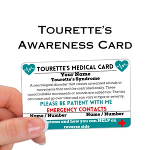 Tarjeta de alerta médica del síndrome de Tourette, etiqueta de contactos de emergencia, cordón de concientización sobre el síndrome de Tourette, ICE, collar de concientización sobre el síndrome de Tourette, etiqueta de identificación médica