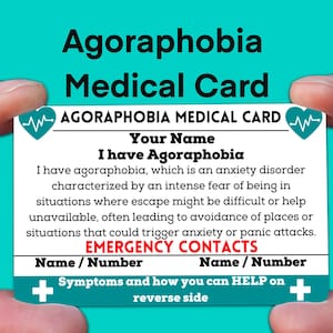Tarjeta de identificación de alerta médica con mensaje "Tengo agorafobia", etiqueta de alerta, insignia de concientización sobre ansiedad y pánico, tarjeta de emergencia ICE personalizada para billetera, hombres y mujeres, cinta