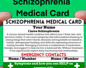 Schizophrenia Medical Alert ID Card, Aware Tag, Schizophrenic Awareness Badge, Custom Emergency ICE Card for Wallet, Women Men, Ribbon