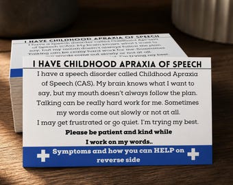 Childhood Apraxia of Speech ID Card, 100 Business Cards, Medical Alert, Custom Wallet Card with Emergency Contacts, Apraxia Awareness Card