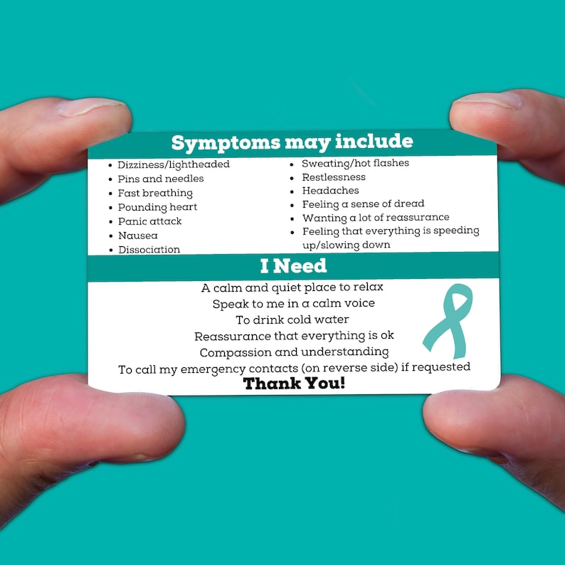 May include: A teal blue card with the text "Symptoms may include" and a list of symptoms. The card also has the text "I Need" and a list of needs. The card has a teal blue ribbon in the corner. The text "Thank You!" is at the bottom of the card.