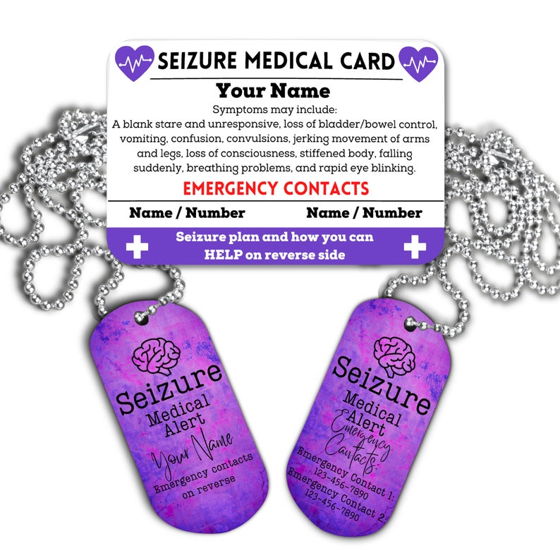 May include: A purple and pink medical alert tag with a brain graphic and the text "Seizure Medical Alert" and "Your Name". The tag is attached to a silver chain. The back of the tag has the text "Emergency Contacts" and space for two phone numbers.