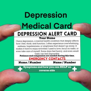 Tarjeta de identificación de alerta médica para depresión para billetera, trastorno depresivo mayor (MDD), concientización sobre trastornos del estado de ánimo, obsequio de ansiedad generalizada, salud mental
