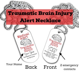 外傷性脳損傷 TBI 啓発、医療アラートジュエリー、ネックレス、アラート ID、パーソナライズされたカスタム緊急連絡先タグ、ICE、男性用