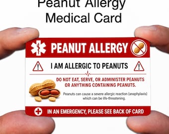 Peanut Allergy Medical Alert Card, Severe Food Allergies Emergency Wallet ID, Anaphylaxis, Safety Health Alert, Tag Severe Allergic Tree Nut