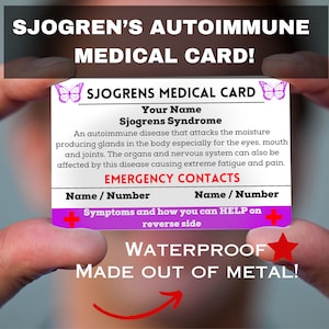 Síndrome de Sjogren, tarjeta de alerta médica para billetera, conciencia de Sjogren, síndrome de Sjogren, conciencia de cuchara sjogren, síndrome, fibromialgia