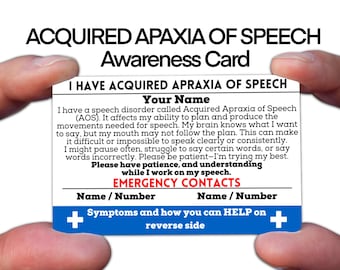 Acquired Apraxia of Speech Medical ID Card for Awareness, Custom Metal Wallet Card with Emergency Contact Info - Waterproof & Durable