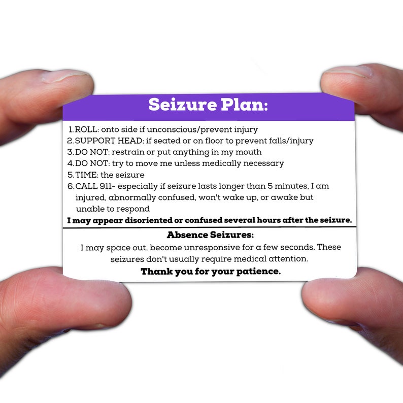 May include: A purple card with the title "Seizure Plan" and a list of steps to take during a seizure. The card also includes information about absence seizures.