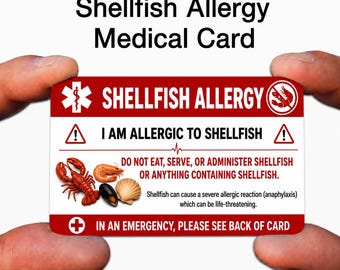 Shellfish Allergy Medical Alert Card, Seafood Allergy Emergency ID, Anaphylaxis Wallet Card, Severe Food Allergy Safety Card