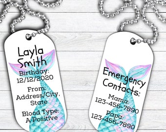 Child Emergency Contact Necklaces, child ID, Kids Id Tag Personalized Emergency Contact Jewelry, Kids Medical Alert, Allergies, For Backpack