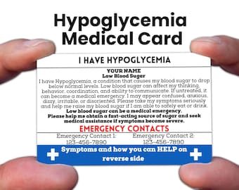 Hypoglycemia Medical ID Card | Low Blood Sugar Alert | Personalized Waterproof Metal Wallet Card | Emergency Diabetic Safety ID