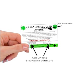 May include: Green and white medical alert card with the text "Celiac Medical Card" and "Your Name Celiac Disease". The card includes information about celiac disease and instructions for emergency contacts. The card has a green plus sign and a green medical symbol.