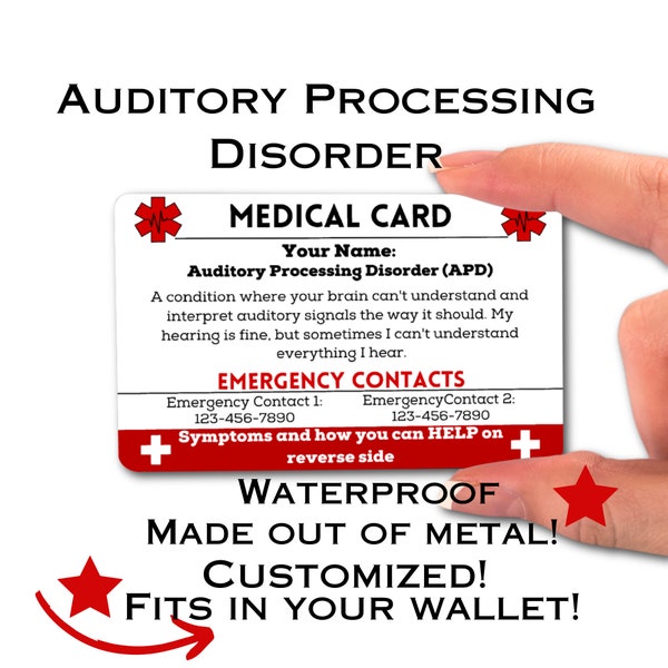 Auditory Processing Disorder ADP Custom Medical Alert ID Card, Personalized Emergency Tag, Customized For Wallet, Woman, Man, Hearing, Brain
