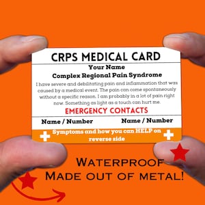CRPS medische waarschuwingskaart voor portemonnee, chronisch complex regionaal pijnsyndroom, overlevende, krijger, lintbewustzijn, bewust, gepersonaliseerd, ICE id