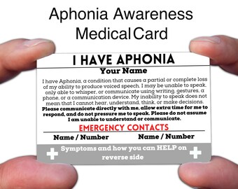Aphonia Medical ID Card | Loss of Voice Communication Aid | Custom Waterproof Metal Wallet Card with Emergency Contacts