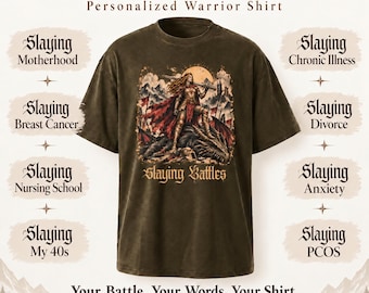 Personalized Warrior Woman Tee, Slaying Battles, Vintage Fantasy Design (Custom Text)